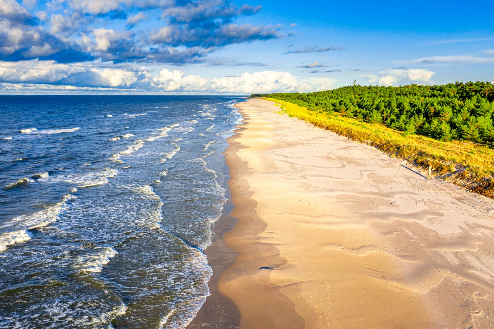 Wysokie wydmy porośnięte trawą z piaskiem i morzem w tle