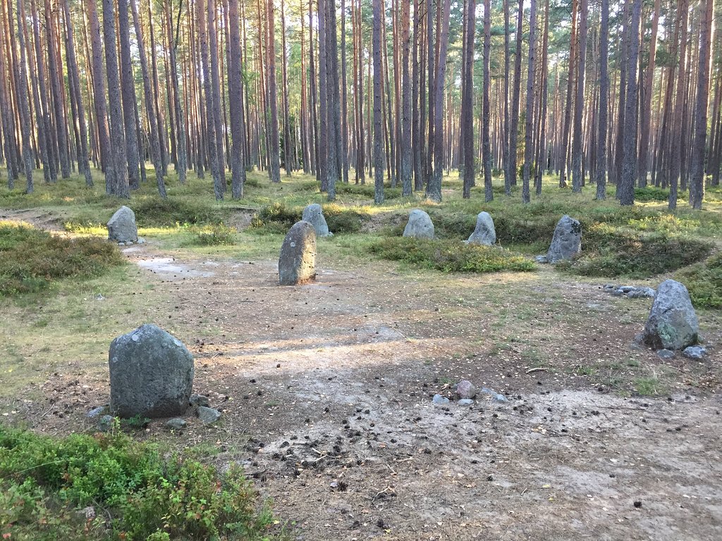 Porównanie małego kręgu z większym sąsiednim na tle lasu i pól